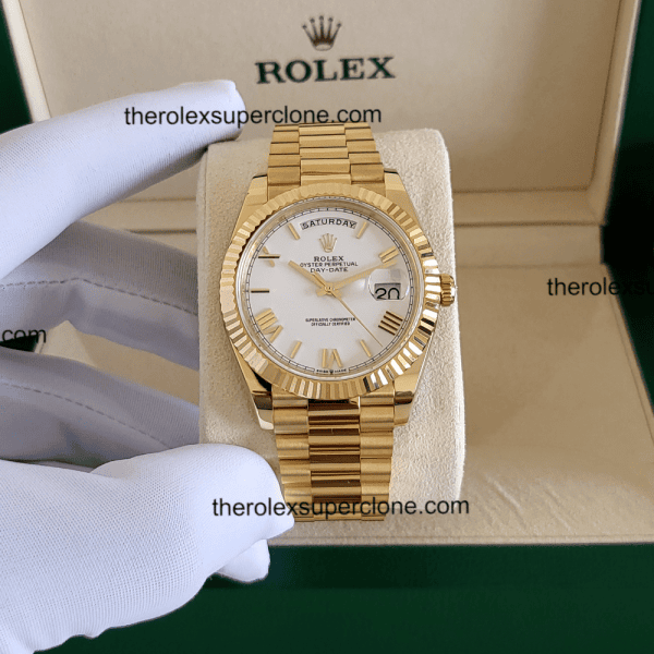 Rolex Day-Date 1:1 Super Clone 18kt Yellow Gold White Dial 3255 Swiss Movement Replica Watch Ref-228238