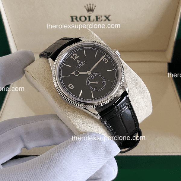 Rolex 1908 1:1 Super Clone 18kt White Gold Intense Black Dial Alligator Strap 7140 Swiss Movement Replica Watch Ref-52509