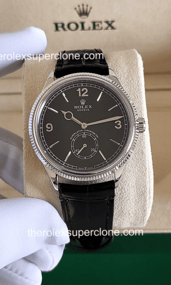 Rolex 1908 1:1 Super Clone 18kt White Gold Intense Black Dial Alligator Strap 7140 Swiss Movement Replica Watch Ref-52509