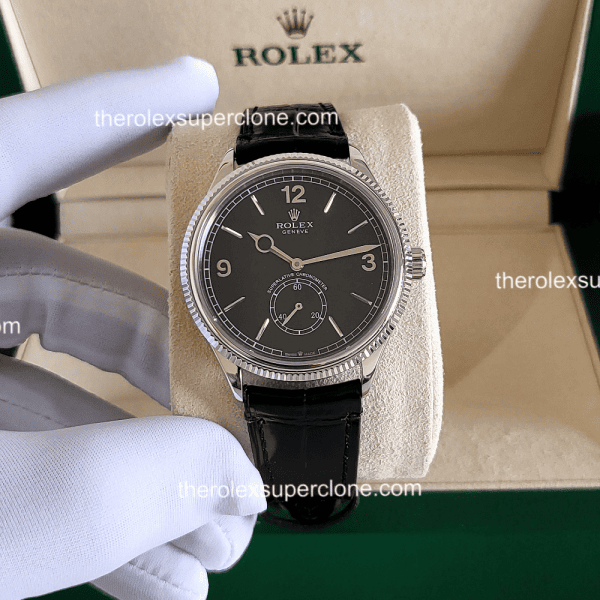 Rolex 1908 1:1 Super Clone 18kt White Gold Intense Black Dial Alligator Strap 7140 Swiss Movement Replica Watch Ref-52509