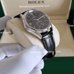 Rolex 1908 1:1 Super Clone 18kt White Gold Intense Black Dial Alligator Strap 7140 Swiss Movement Replica Watch Ref-52509