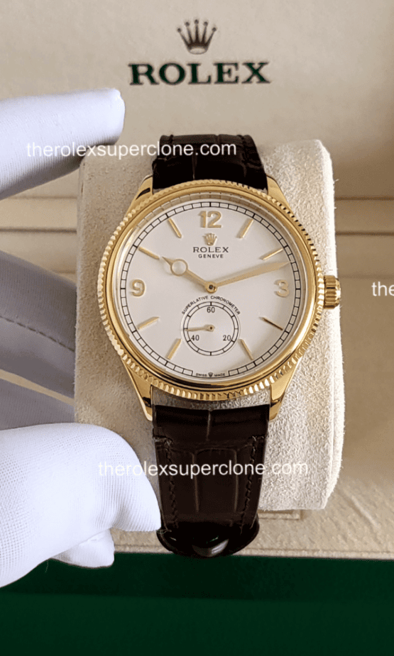 Rolex 1908 1:1 Super Clone 18kt Yellow Gold Intense White Dial Alligator Strap 7140 Swiss Movement Replica Watch Ref-52508