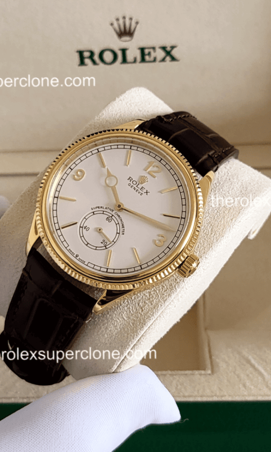 Rolex 1908 1:1 Super Clone 18kt Yellow Gold Intense White Dial Alligator Strap 7140 Swiss Movement Replica Watch Ref-52508