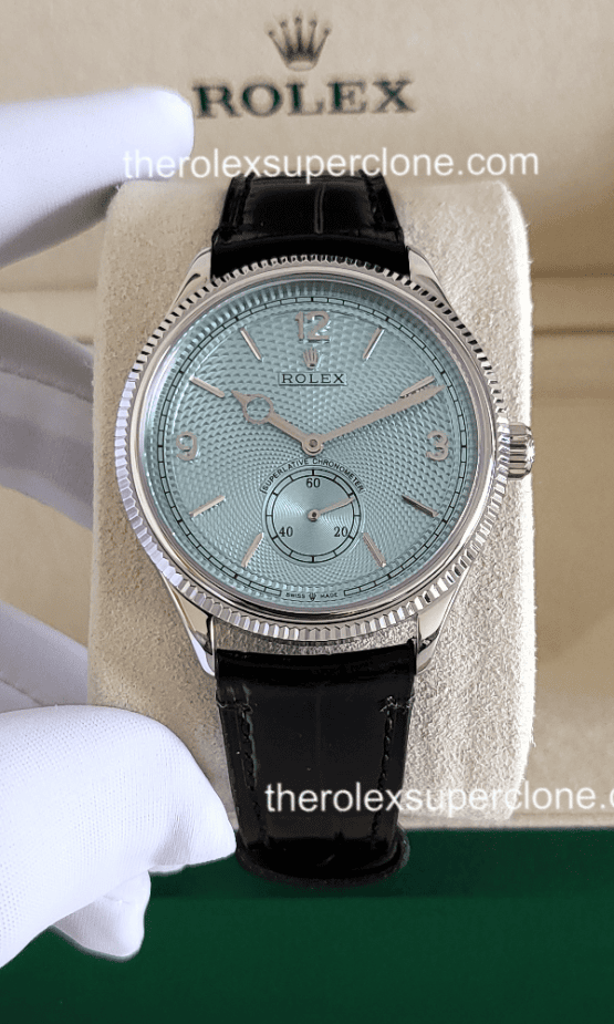 Rolex 1908 1:1 Super Clone Platinum Ice Blue Dial Alligator Strap 7140 Swiss Movement Replica Watch Ref-52506