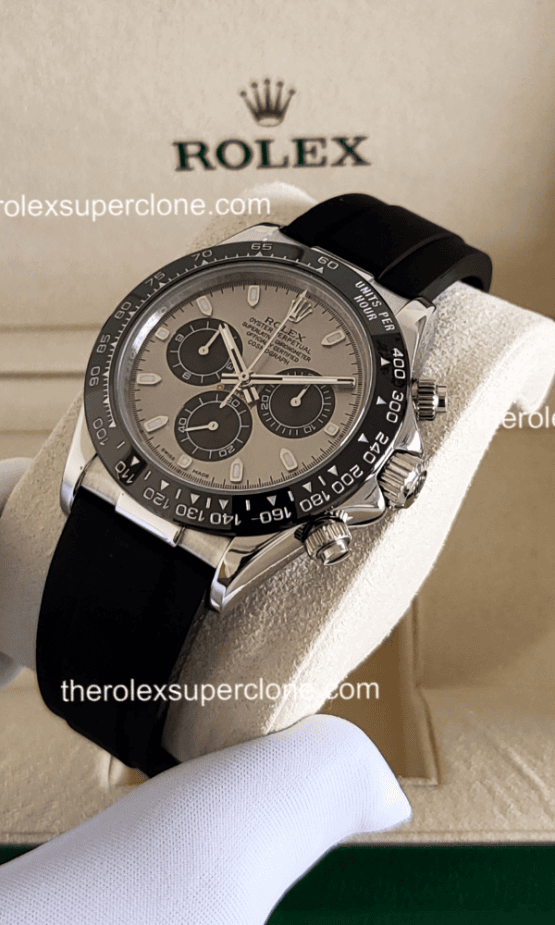 Rolex Cosmograph Daytona 1:1 Super Clone 18kt White Gold Oysterflex Black Dial 4130 Swiss Movement Replica Watch Ref-116519LN