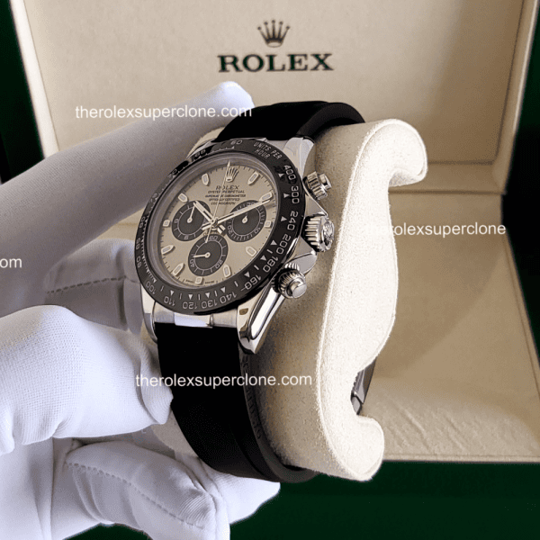 Rolex Cosmograph Daytona 1:1 Super Clone 18kt White Gold Oysterflex Black Dial 4130 Swiss Movement Replica Watch Ref-116519LN