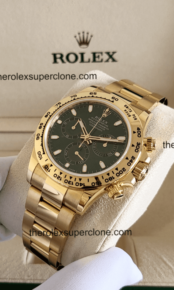 Rolex Cosmograph Daytona 1:1 Super Clone Yellow Gold Green Dial 4130 Swiss Movement Replica Watch Ref-116508