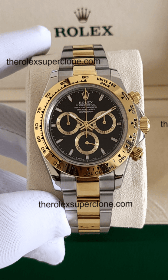 Rolex Cosmograph Daytona 1:1 Super Clone Yellow Rolesor Black Dial 4131 Swiss Movement Replica Watch Ref-126503