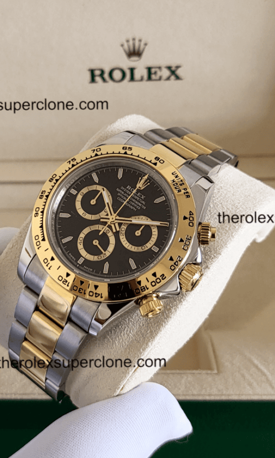 Rolex Cosmograph Daytona 1:1 Super Clone Yellow Rolesor Black Dial 4131 Swiss Movement Replica Watch Ref-126503