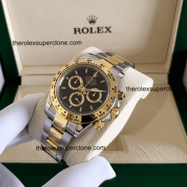 Rolex Cosmograph Daytona 1:1 Super Clone Yellow Rolesor Black Dial 4131 Swiss Movement Replica Watch Ref-126503