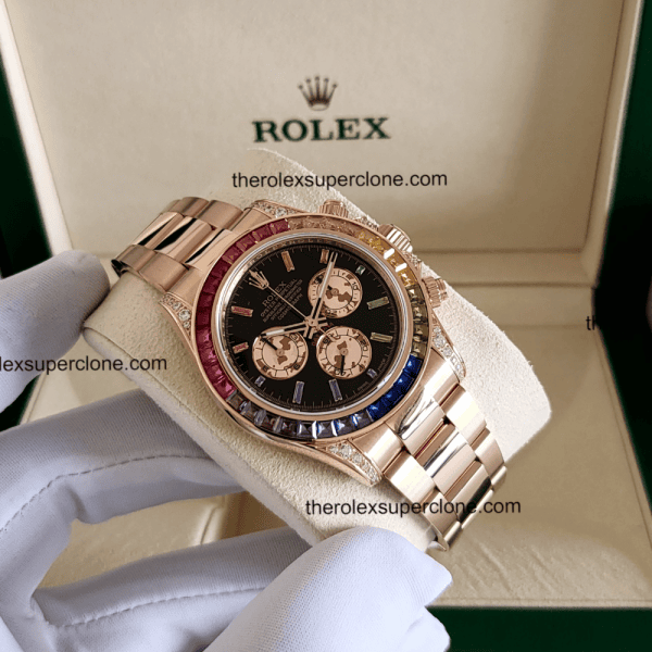 Rolex Cosmograph Daytona Rainbow 1:1 Super Clone Everose Gold Black Dial 4130 Swiss Movement Replica Watch Ref-116595RBOW