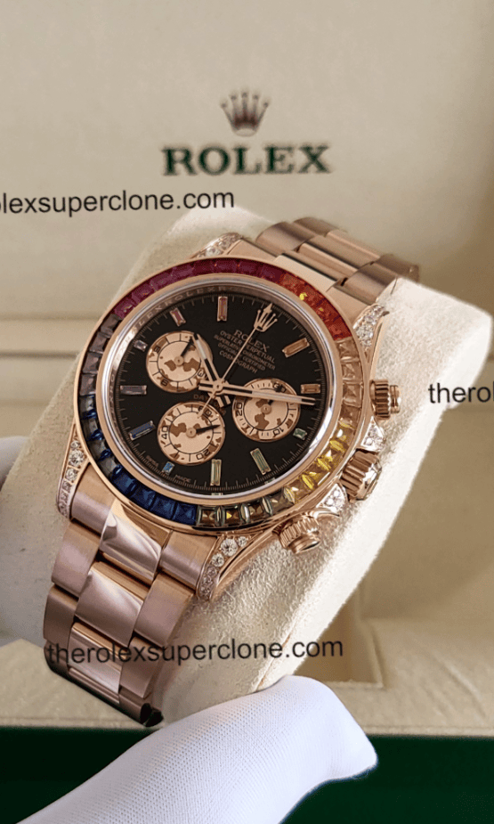 Rolex Cosmograph Daytona Rainbow 1:1 Super Clone Everose Gold Black Dial 4130 Swiss Movement Replica Watch Ref-116595RBOW