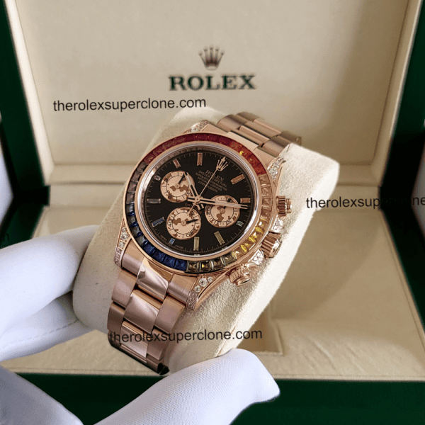 Rolex Cosmograph Daytona Rainbow 1:1 Super Clone Everose Gold Black Dial 4130 Swiss Movement Replica Watch Ref-116595RBOW