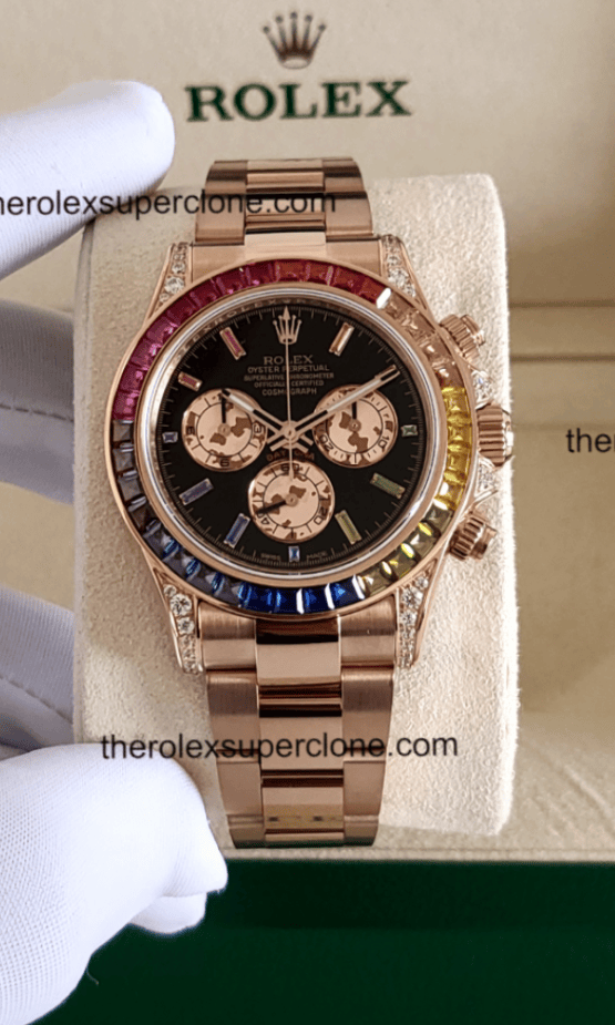 Rolex Cosmograph Daytona Rainbow 11 Super Clone Everose Gold Black Dial 4130 Swiss Movement Replica Watch Ref-116595RBOW