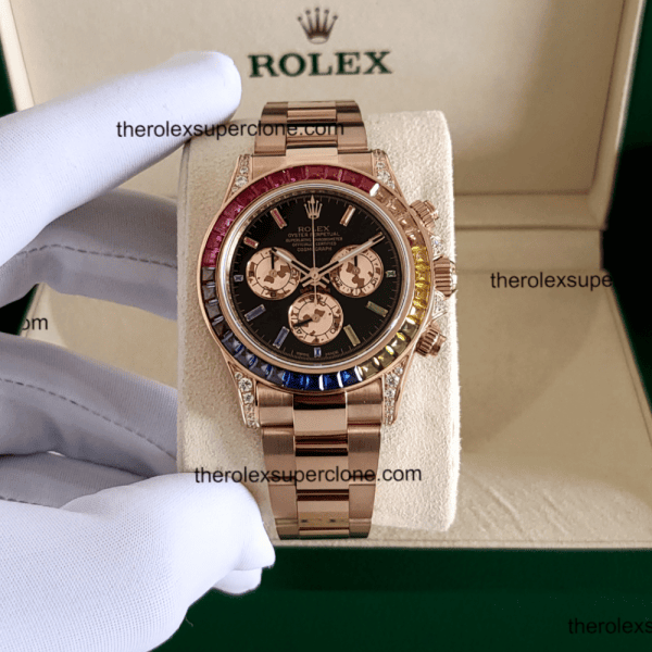 Rolex Cosmograph Daytona Rainbow 11 Super Clone Everose Gold Black Dial 4130 Swiss Movement Replica Watch Ref-116595RBOW