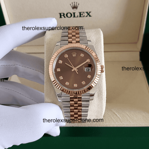 Rolex Datejust 1:1 Super Clone Oystersteel and Everose Gold Chocolate with Diamonds Set Dial 3235 Swiss Movement Replica Watch Ref-126331