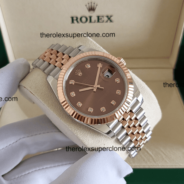 Rolex Datejust 1:1 Super Clone Oystersteel and Everose Gold Chocolate with Diamonds Set Dial 3235 Swiss Movement Replica Watch Ref-126331