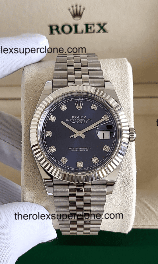 Rolex Datejust 1:1 Super Clone Oystersteel and White Gold Bright Blue with Diamonds Set Dial 3235 Swiss Movement Replica Watch Ref-126334