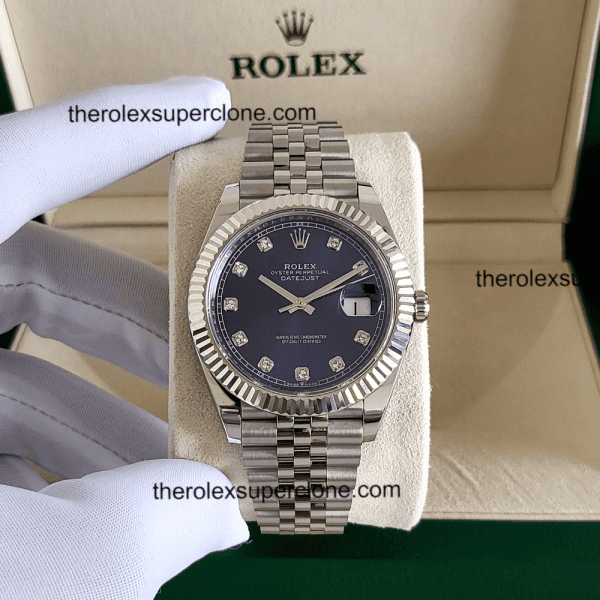 Rolex Datejust 1:1 Super Clone Oystersteel and White Gold Bright Blue with Diamonds Set Dial 3235 Swiss Movement Replica Watch Ref-126334