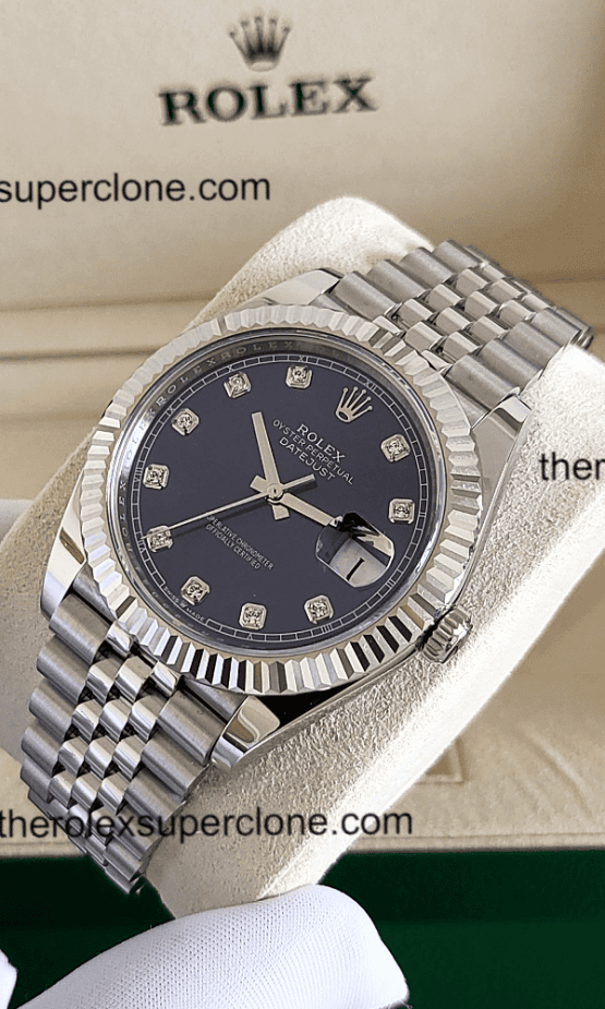 Rolex Datejust 1:1 Super Clone Oystersteel and White Gold Bright Blue with Diamonds Set Dial 3235 Swiss Movement Replica Watch Ref-126334