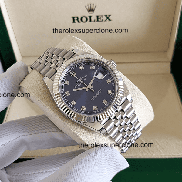 Rolex Datejust 1:1 Super Clone Oystersteel and White Gold Bright Blue with Diamonds Set Dial 3235 Swiss Movement Replica Watch Ref-126334