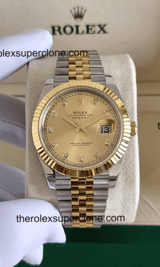 Rolex Datejust 11 Super Clone Oystersteel and Yellow Gold Champagne-Colour with Diamonds Set Dial 3235 Swiss Movement Replica Watch Ref-126333