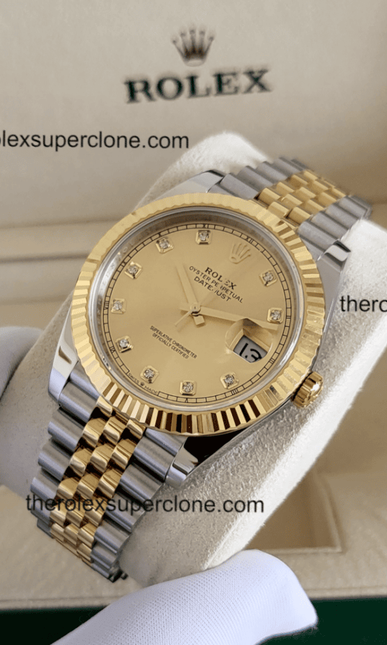 Rolex Datejust 1:1 Super Clone Oystersteel and Yellow Gold Champagne-Colour with Diamonds Set Dial 3235 Swiss Movement Replica Watch Ref-126333