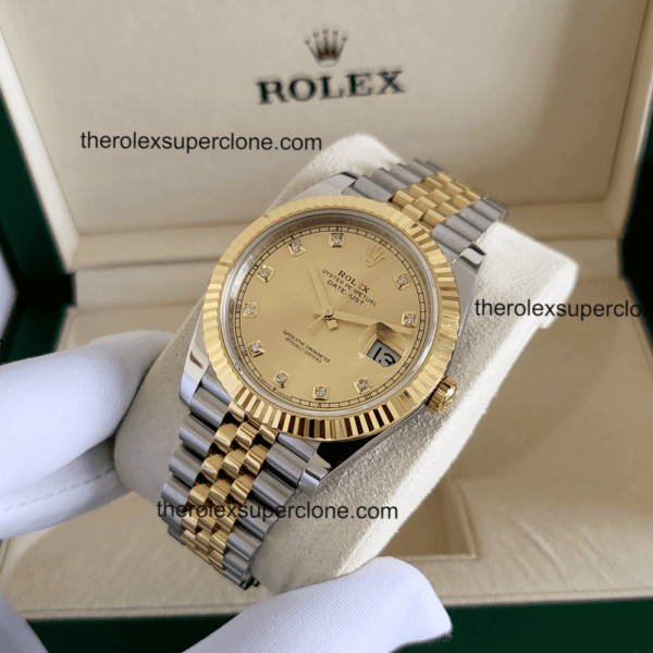 Rolex Datejust 1:1 Super Clone Oystersteel and Yellow Gold Champagne-Colour with Diamonds Set Dial 3235 Swiss Movement Replica Watch Ref-126333