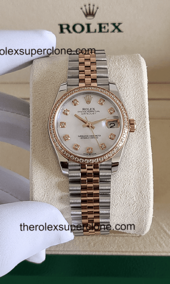 Rolex Datejust 31mm 1:1 Super Clone Oystersteel and Everose Gold Diamonds Set White Mother-of-Pearl Dial 2236 Swiss Movement Replica Watch Ref-278381RBR