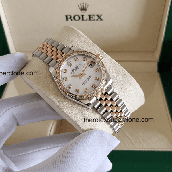 Rolex Datejust 31mm 1:1 Super Clone Oystersteel and Everose Gold Diamonds Set White Mother-of-Pearl Dial 2236 Swiss Movement Replica Watch Ref-278381RBR