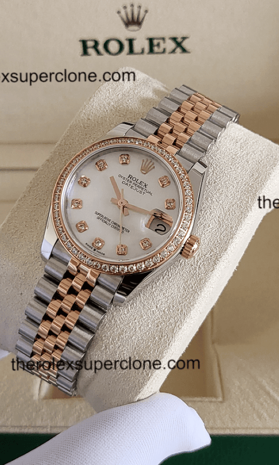 Rolex Datejust 31mm 1:1 Super Clone Oystersteel and Everose Gold Diamonds Set White Mother-of-Pearl Dial 2236 Swiss Movement Replica Watch Ref-278381RBR