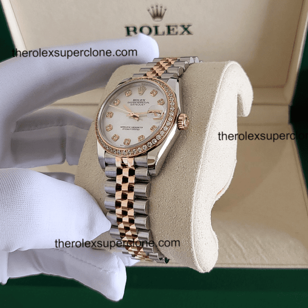 Rolex Datejust 31mm 1:1 Super Clone Oystersteel and Everose Gold Diamonds Set White Mother-of-Pearl Dial 2236 Swiss Movement Replica Watch Ref-278381RBR