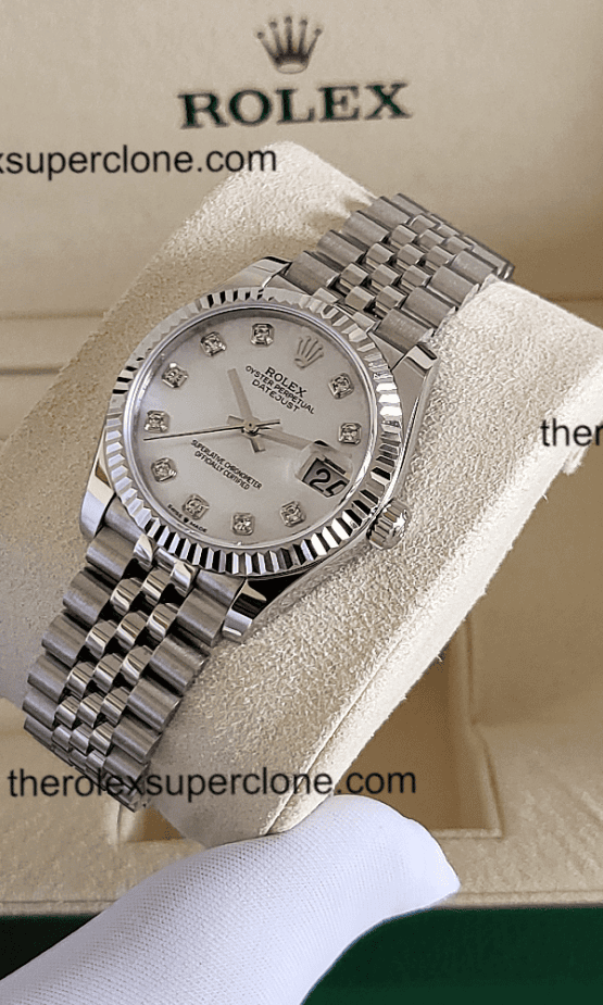 Rolex Datejust 31mm 1:1 Super Clone Oystersteel and White Gold Diamonds Set White Mother-of-Pearl Dial 2236 Swiss Movement Replica Watch Ref-278274