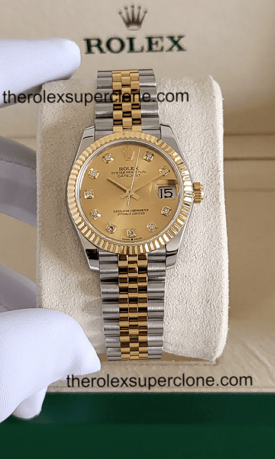 Rolex Datejust 31mm 1:1 Super Clone Oystersteel and Yellow Gold Diamonds Set Champagne-Colour Dial 2236 Swiss Movement Replica Watch Ref-278273