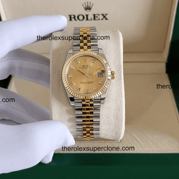 Rolex Datejust 31mm 1:1 Super Clone Oystersteel and Yellow Gold Diamonds Set Champagne-Colour Dial 2236 Swiss Movement Replica Watch Ref-278273