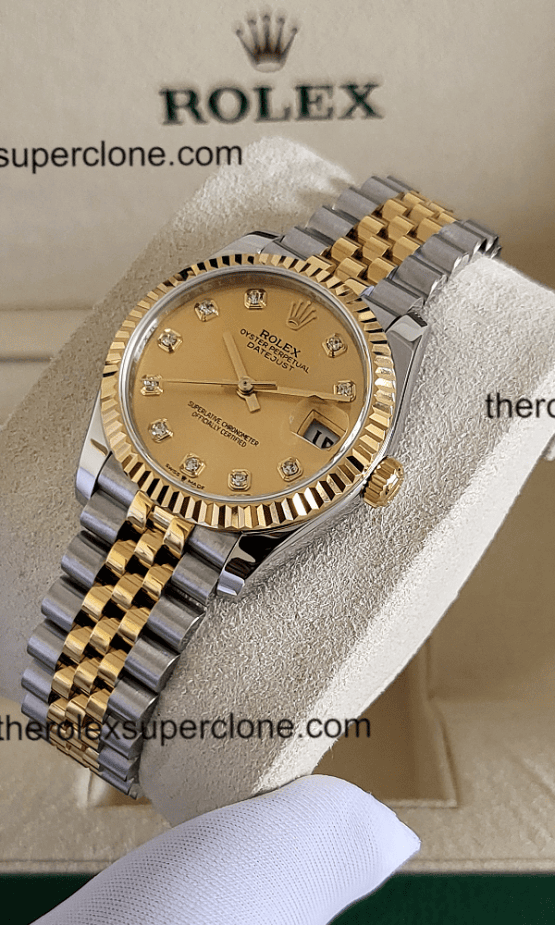 Rolex Datejust 31mm 1:1 Super Clone Oystersteel and Yellow Gold Diamonds Set Champagne-Colour Dial 2236 Swiss Movement Replica Watch Ref-278273