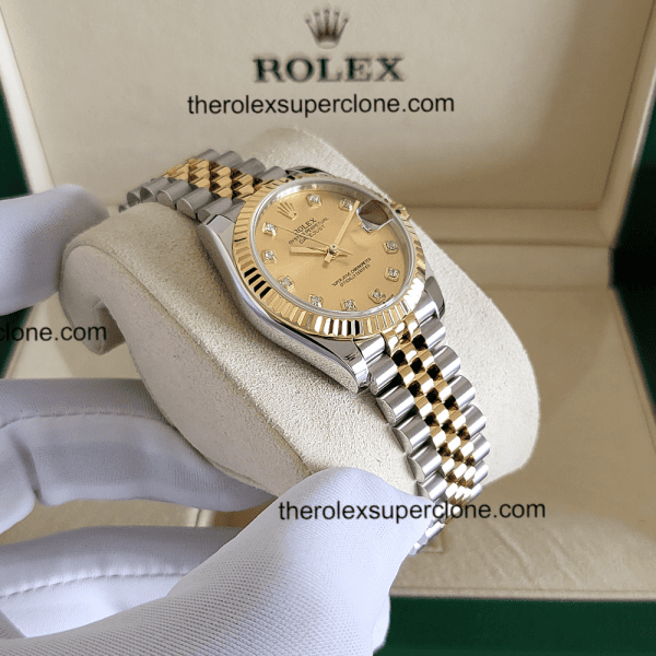 Rolex Datejust 31mm 1:1 Super Clone Oystersteel and Yellow Gold Diamonds Set Champagne-Colour Dial 2236 Swiss Movement Replica Watch Ref-278273