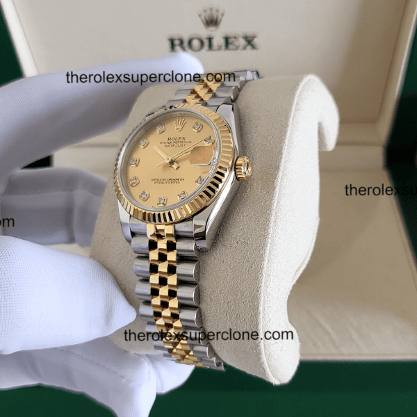 Rolex Datejust 31mm 1:1 Super Clone Oystersteel and Yellow Gold Diamonds Set Champagne-Colour Dial 2236 Swiss Movement Replica Watch Ref-278273