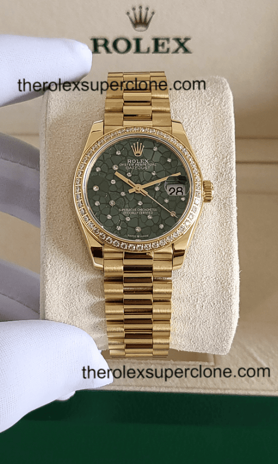 Rolex Datejust 31mm 1:1 Super Clone Yellow Gold Diamonds Set Floral Motif Olive Green Dial 2236 Swiss Movement Replica Watch Ref-278288RBR