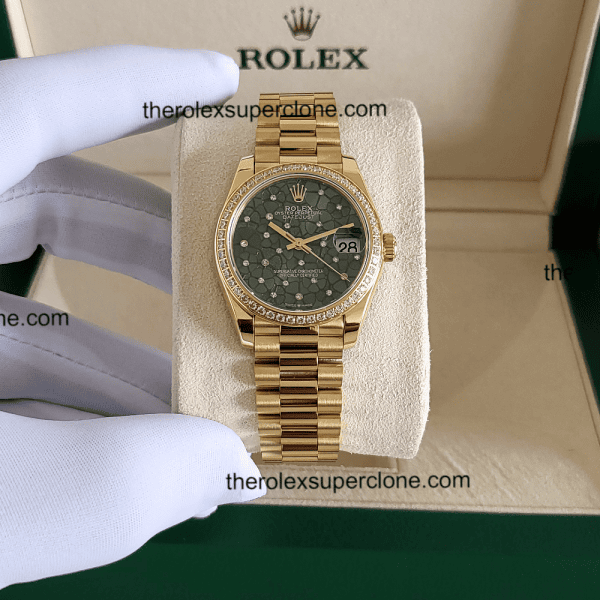 Rolex Datejust 31mm 1:1 Super Clone Yellow Gold Diamonds Set Floral Motif Olive Green Dial 2236 Swiss Movement Replica Watch Ref-278288RBR