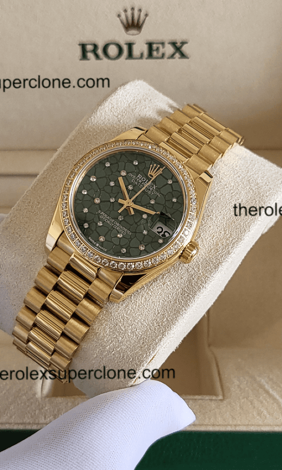 Rolex Datejust 31mm 1:1 Super Clone Yellow Gold Diamonds Set Floral Motif Olive Green Dial 2236 Swiss Movement Replica Watch Ref-278288RBR