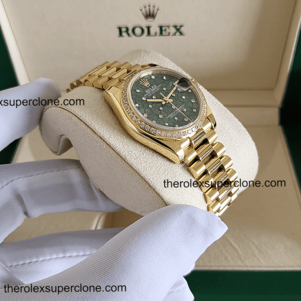 Rolex Datejust 31mm 1:1 Super Clone Yellow Gold Diamonds Set Floral Motif Olive Green Dial 2236 Swiss Movement Replica Watch Ref-278288RBR