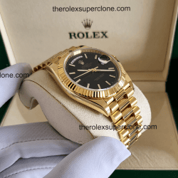 Rolex Day-Date 1:1 Super Clone 18kt Yellow Gold Bright Black Dial 3255 Swiss Movement Replica Watch Ref-228238