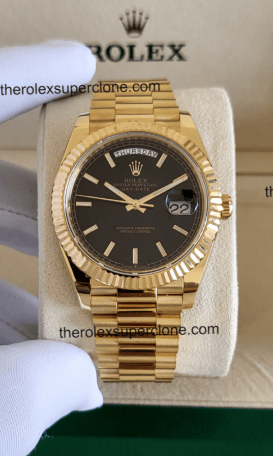 Rolex Day-Date 11 Super Clone 18kt Yellow Gold Bright Black Dial 3255 Swiss Movement Replica Watch Ref-228238