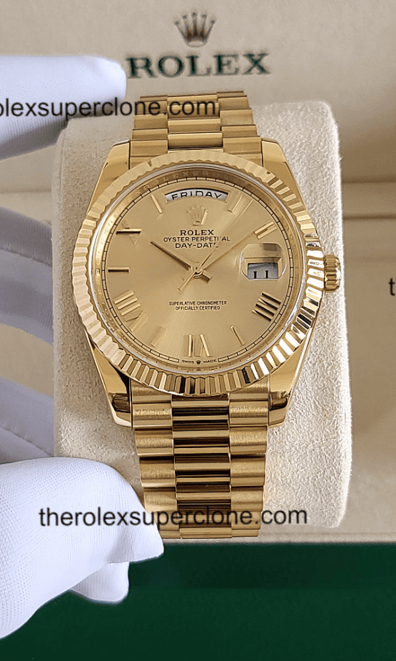 Rolex Day-Date 1:1 Super Clone 18kt Yellow Gold Champagne-Colour Dial 3255 Swiss Movement Replica Watch Ref-228238