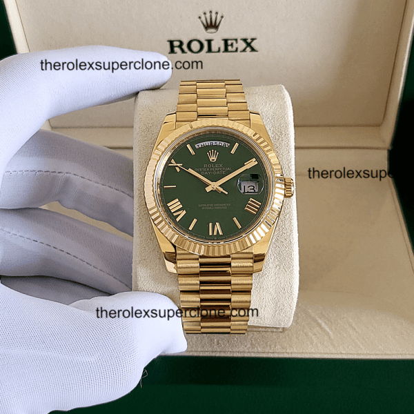 Rolex Day-Date 1:1 Super Clone 18kt Yellow Gold Green Dial 3255 Swiss Movement Replica Watch Ref-228238