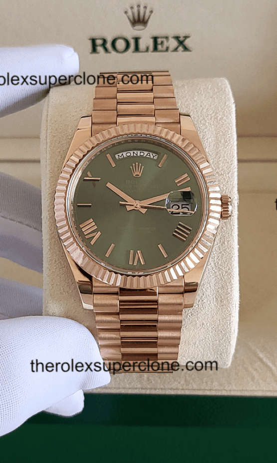 Rolex Day-Date 1:1 Super Clone Everose Gold Olive Green Dial 3255 Swiss Movement Replica Watch Ref-228235