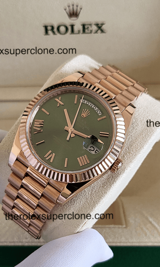 Rolex Day-Date 1:1 Super Clone Everose Gold Olive Green Dial 3255 Swiss Movement Replica Watch Ref-228235