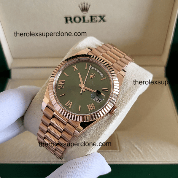 Rolex Day-Date 1:1 Super Clone Everose Gold Olive Green Dial 3255 Swiss Movement Replica Watch Ref-228235