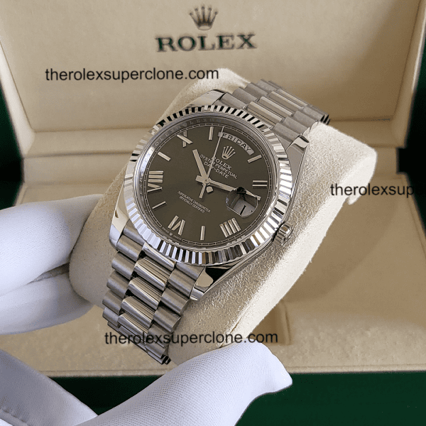 Rolex Day-Date 1:1 Super Clone Oyster Platinum Olive Green Dial 3255 Swiss Movement Replica Watch Ref-228236